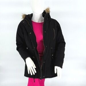 Y2K Streetwear Faux Fur Trim Hooded Parka Black Womens Small